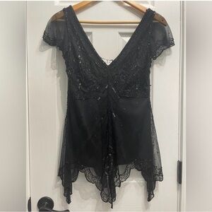 Vintage Scala Beaded Sequins Black Top Asymmetrical Whimsigoth Fairy Goth Large
